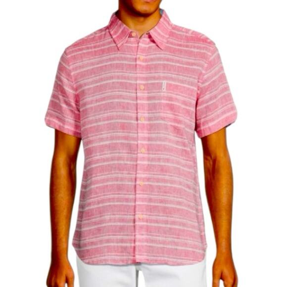 Ben Sherman Pink Striped Casual Button-Down Shirt Linen Blend Size Large - Picture 1 of 12